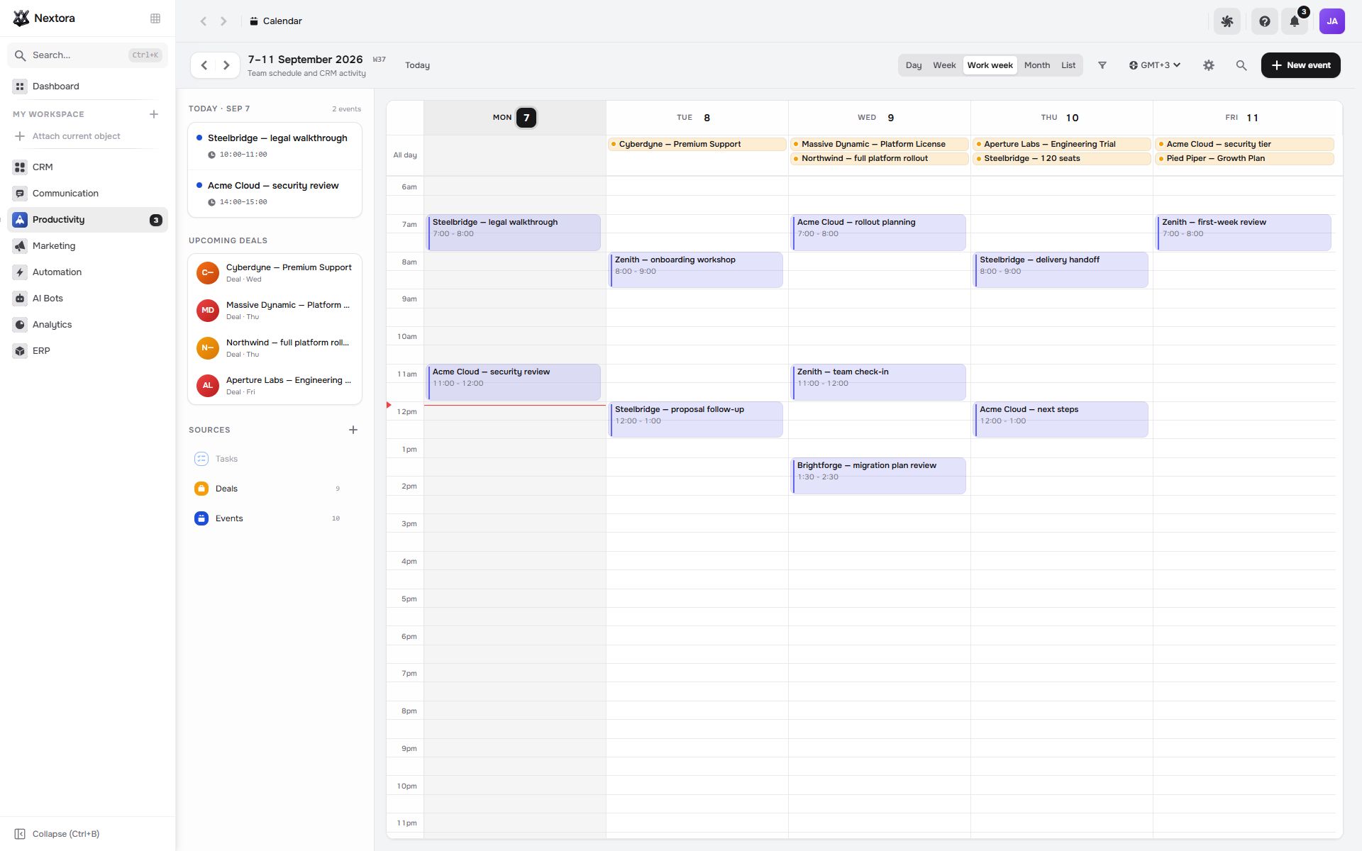 Nextora calendar with a week of customer calls and team meetings