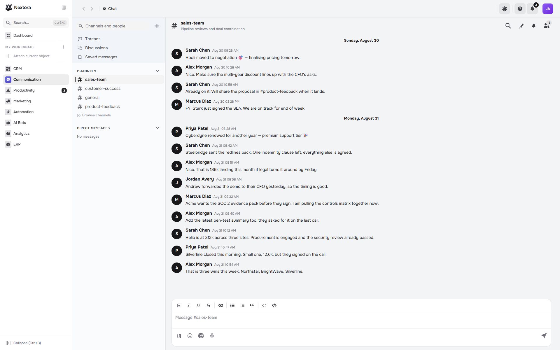 Nextora team chat with channels and a conversation thread