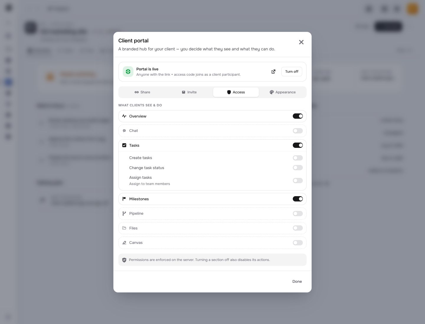 Actual Nextora interface: Choose the sections your client can use.