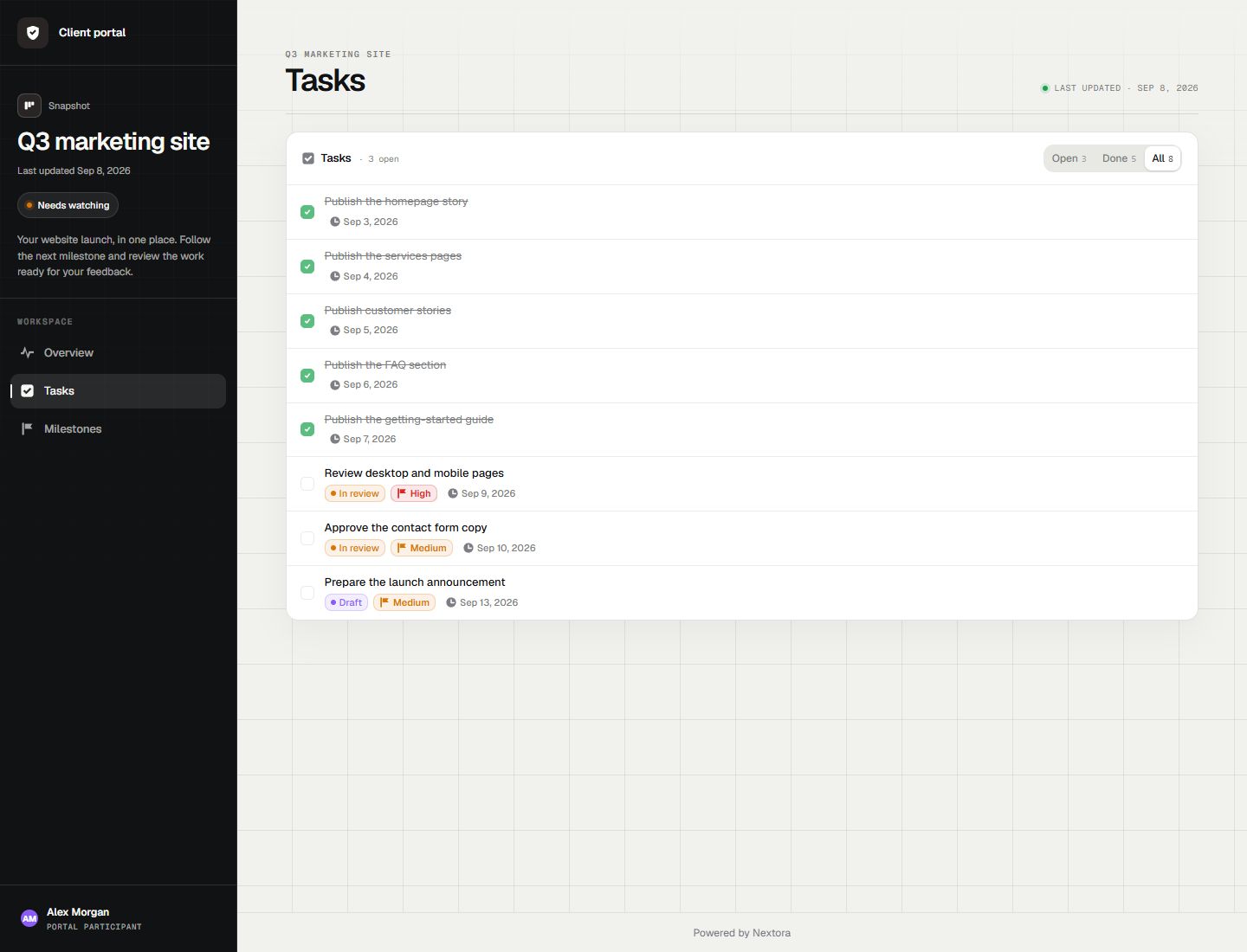 Actual Nextora interface: Let the client follow what is done and what comes next.