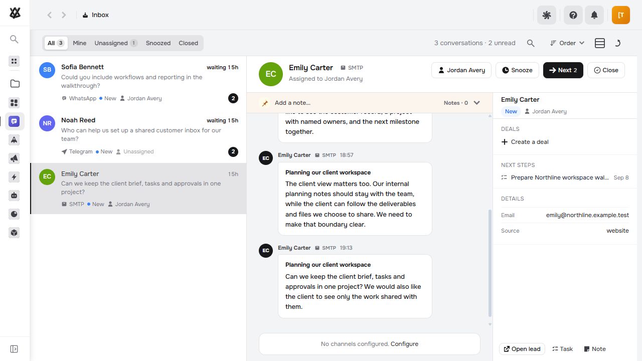 Actual Nextora interface: See the person as well as the message.