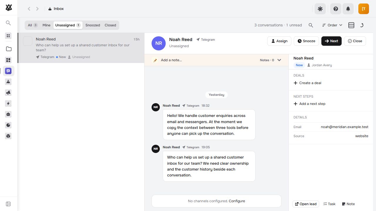 Actual Nextora interface: See what is waiting. Decide who handles it.