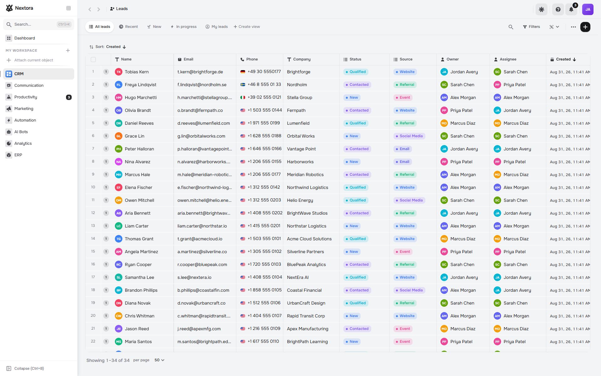 Nextora CRM showing lead records, owners and customer details