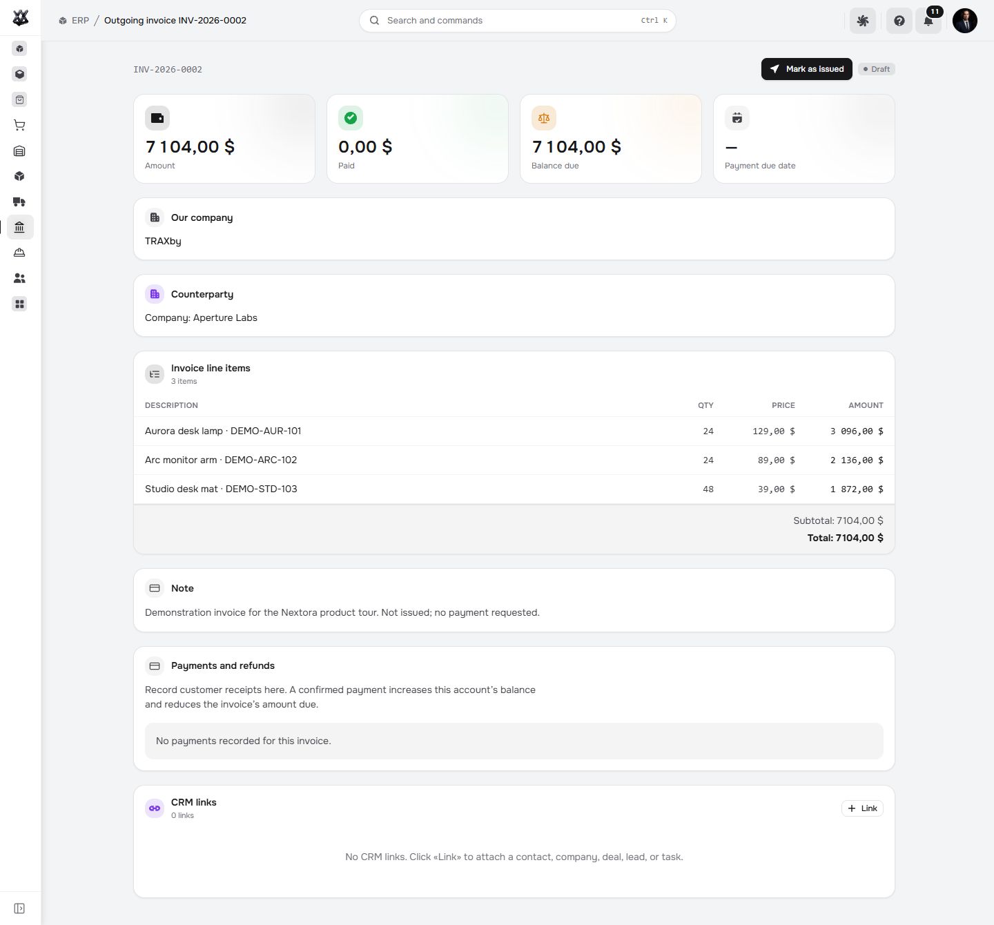 Actual Nextora interface: Keep the customer and the invoice together.