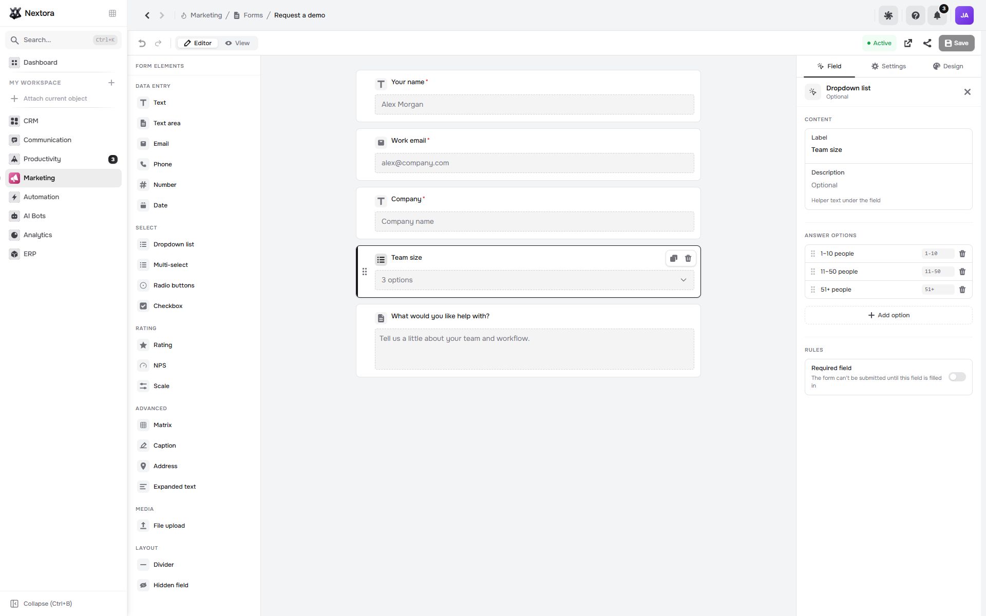 Nextora form builder with contact fields and team-size options