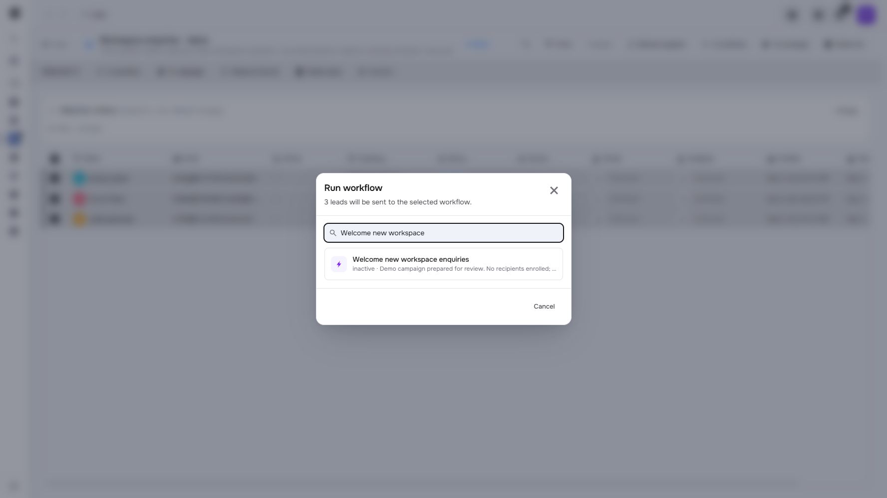 Actual Nextora interface: Choose the people. Then choose the workflow.