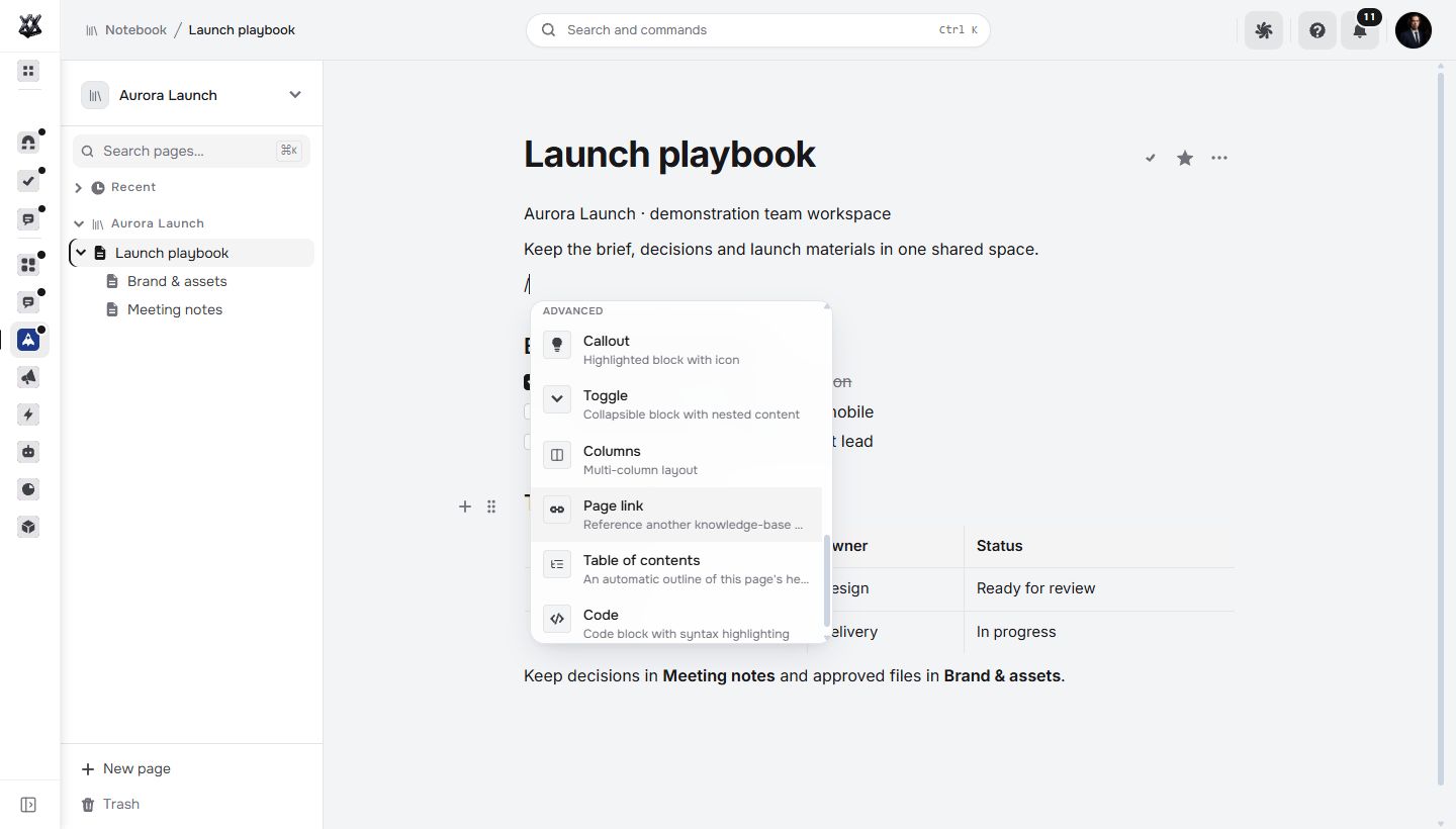 Actual Nextora Notebook workspace with its page tree and open block insertion menu beside the Launch playbook content.