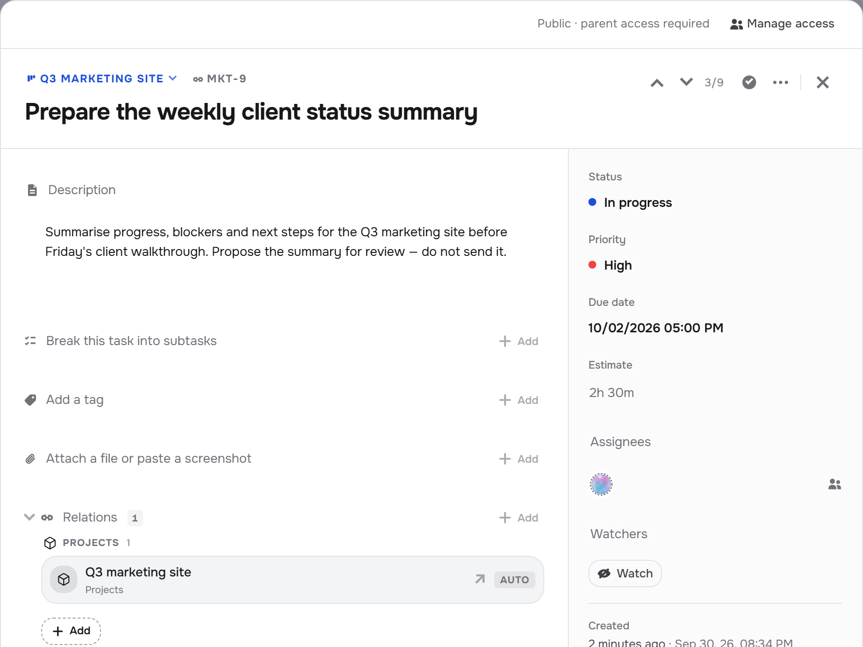 Project task assigned to an AI persona