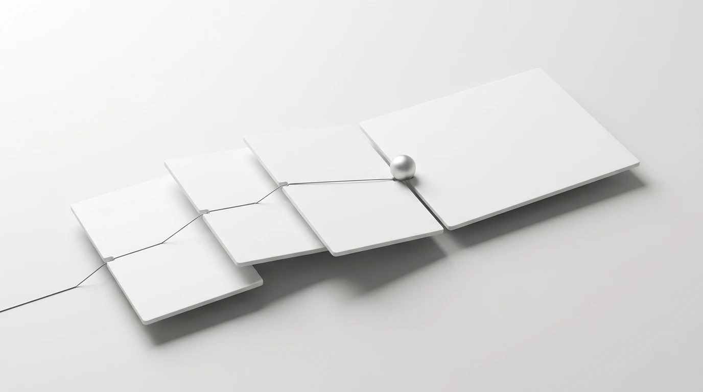 Separate white work surfaces connected into one coherent workspace by a graphite path