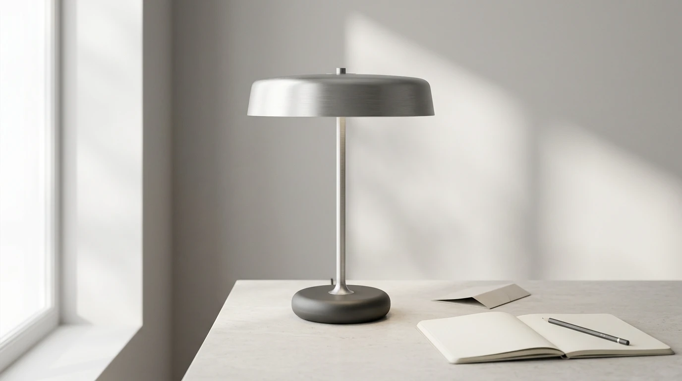 A considered product campaign image of a desk lamp in a quiet monochrome studio